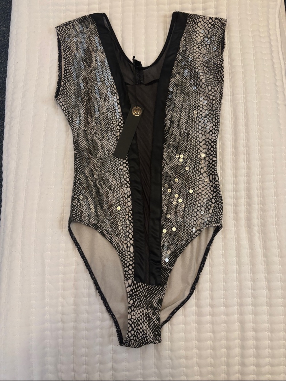 Poof Couture Black and Silver Snake-Print Sequin Bodysuit